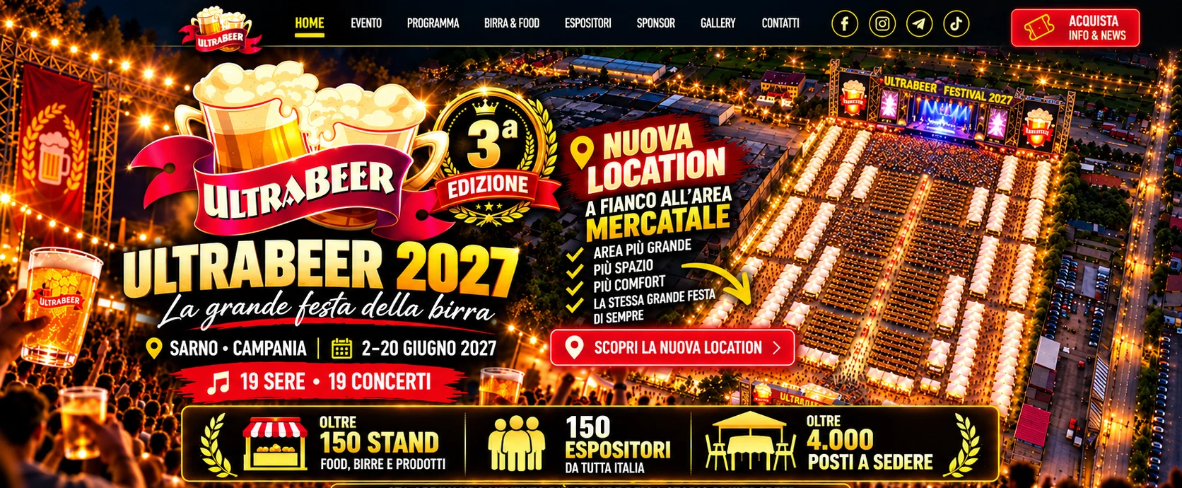 ULTRABEER 2027 terza edizione, nuova location a fianco dell’area mercatale di Sarno, oltre 150 stand previsti e oltre 4.000 posti a sedere nel progetto